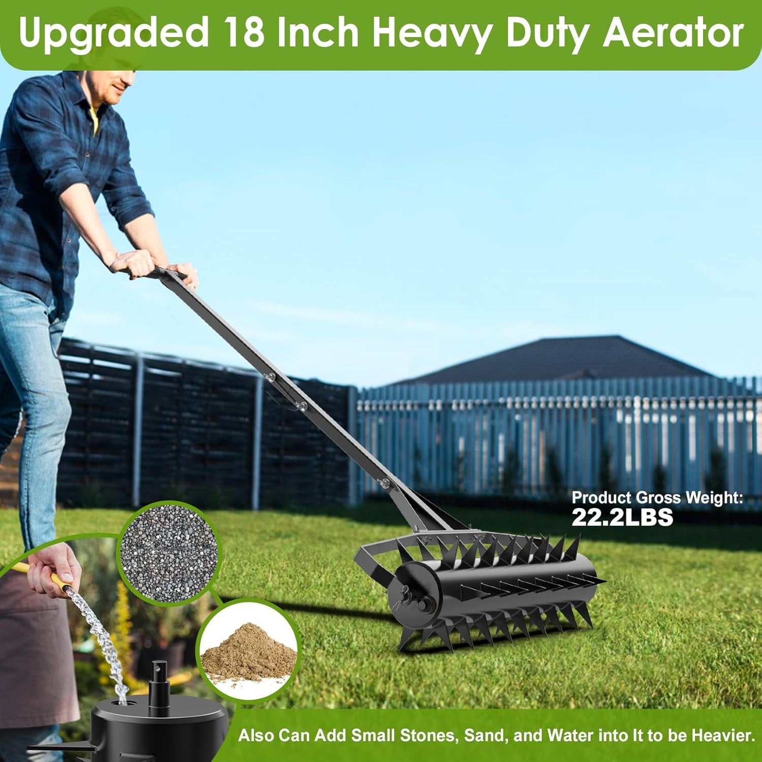 DKMOCO 18in Rolling Lawn Aerator, Heavy Duty Aerator Lawn Soil Spikes Penetrator w/3 Adjustable Height Handles, Manual Aerator Lawn Tool for Garden Yard