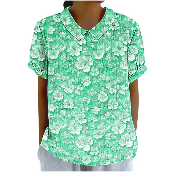 Tops de Manga Corta para las Mujeres Suelto Ajuste Casual Cortado Manga Corta Blusa de Impresión, Camisa Suelta de Cuello Redondo de Poliéster, Lavado a Mano Primavera Verano