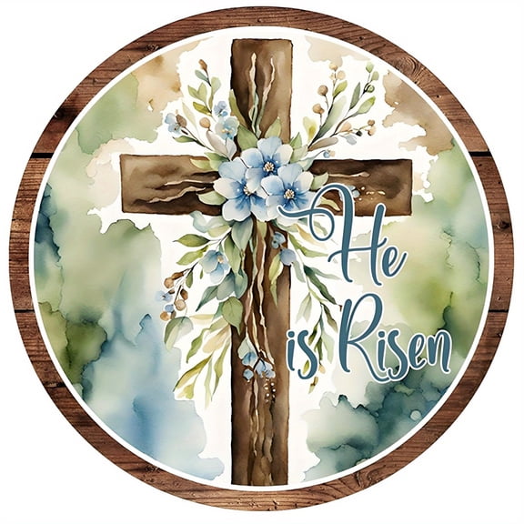 HELLOYOUNG Easter Door Hanger - He Has Risen Cross Wreath, 8 Inch Metal Sign with Blue Flowers, Religious Home Wall Decor for Spring Holiday
