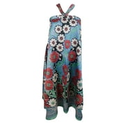 Mogul Silk Sari Wrap Around Skirt Blue Floral Print Reversible Boho Chic Hippie Cover Up Dress