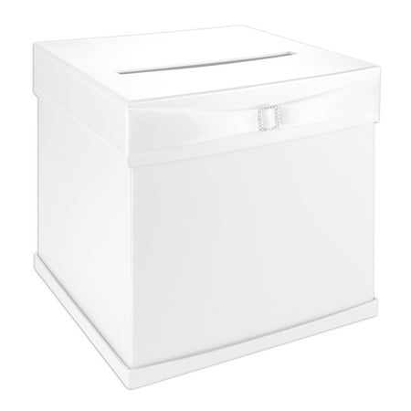 Mailbox Gift Card Holder Andaz Press White Wedding Card Box with Slot, White Satin Ribbon and Rhinestone Buckle, 10