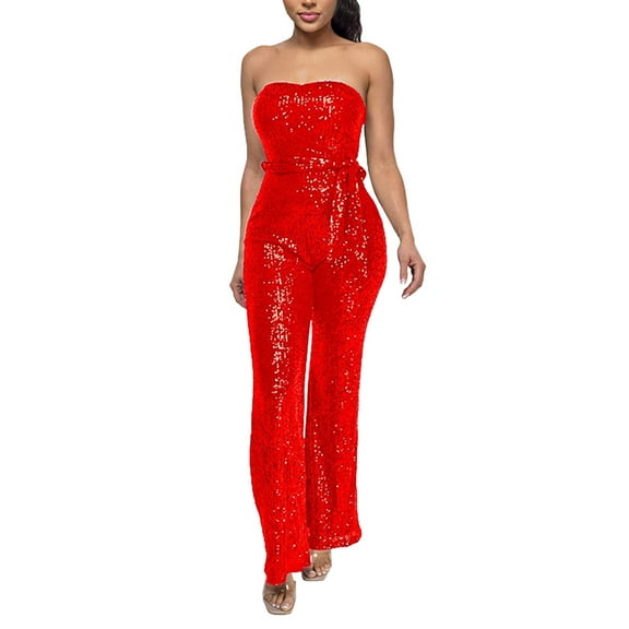 Wdgfv Womens Sequin Dress Sleeveless Strapless Sequin Jumpsuit for Evening Party Wear Red XL