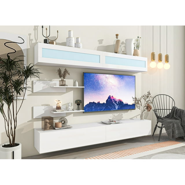 Wall Mount Floating TV Stand with Four Media Storage Cabinets and Two Shelves, Modern High Gross Entertainment Center for 95& inch TV, 16-Color Rgb Led Lights for Living Room, Bedroom, White