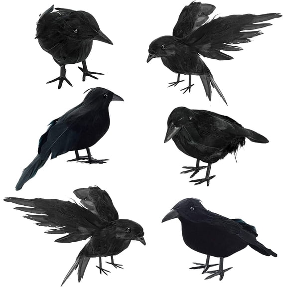 6 Pcs Halloween Black Crows Feathered Crows Realistic Looking Ravens Large Handmade Black Crow for Halloween Decoration Party Supplies