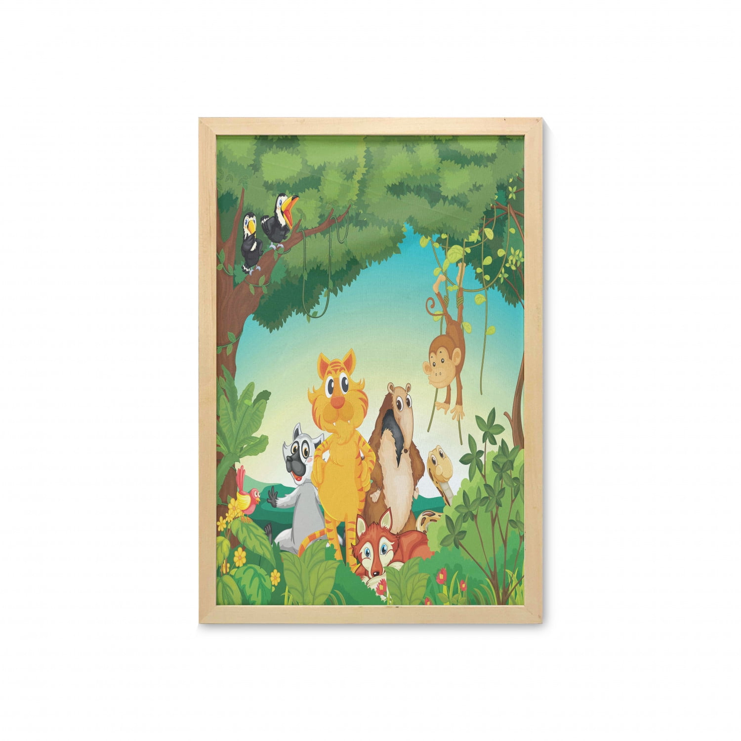 Zoo Wall Art with Frame, Forest Scene with Different Animals Habitat Jungle Tropical Environment Cartoon, Printed Fabric Poster for Bathroom Living Room Dorms, 23 Zoo Wall Art with Frame, Forest Scene with Different Animals Habitat Jungle Tropical Environment Cartoon, Printed Fabric Poster for Bathroom Living Room Dorms, 23