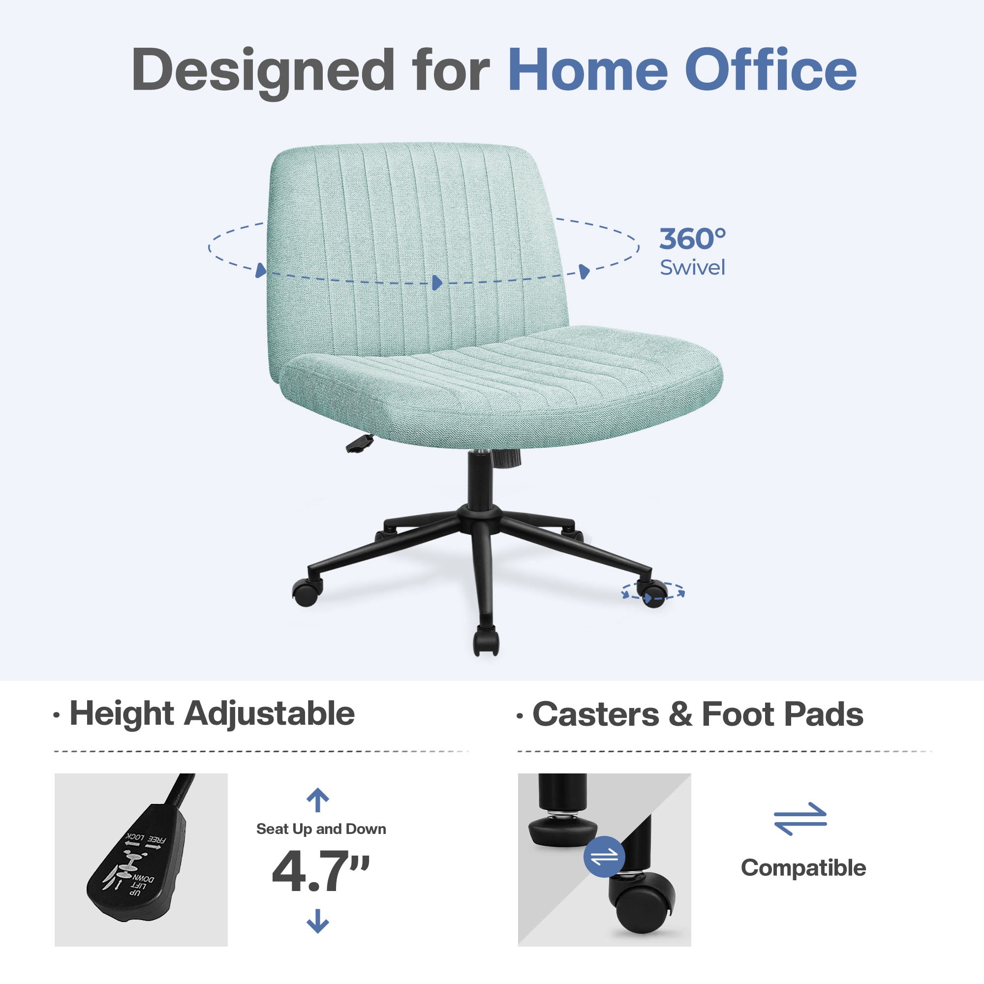 Celtoss Criss Cross Home Office Chair, Armless Swivel Task Computer Chair No Wheels, in Fabric, Vanity Style, Mint