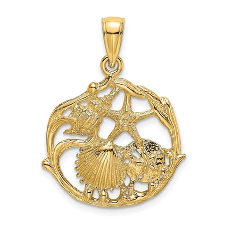 14k Yellow Gold Sea Life Pendant for Women, Nautical Ocean Charm with Starfish Crab and Seashells, Coastal Nature Jewelry for Summer and Beach Style