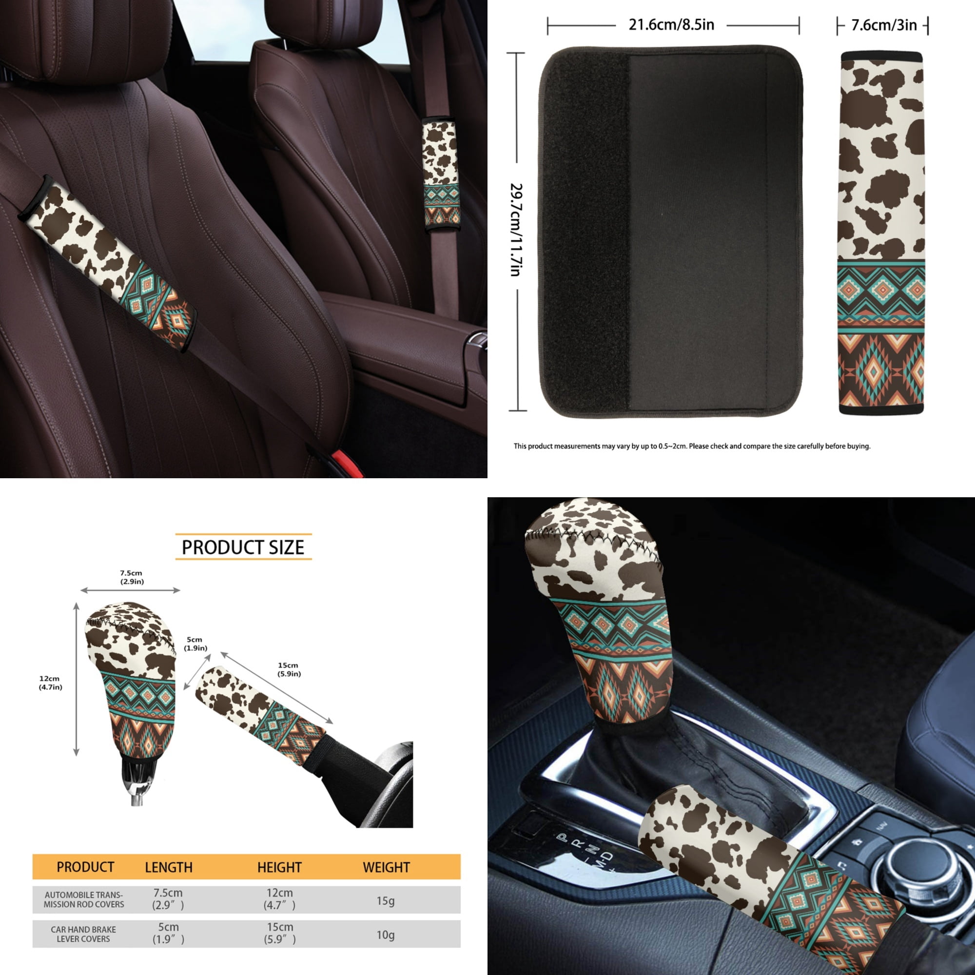 Yuyamidu 14 PCS Aztec Car Seat Cover Set with Steering Wheel Cover Seat Belt Covers Waste Bin Center Console Pad Brown Cow Print Rear View Mirror Cover Handbrake Cover Set Coasters for Truck Sedan