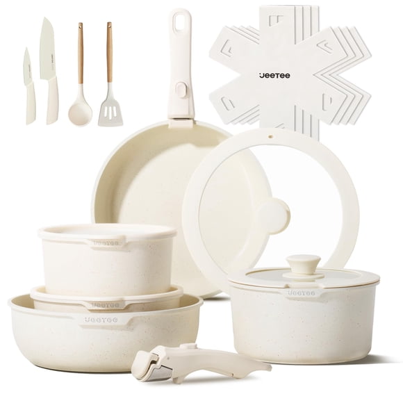 Juego de ollas y sartenes antiadherentes JEETEE de 19 piezas, con mango desmontable, para inducción, apilables para autocaravanas, aptos para horno, sin PFOA, color beige