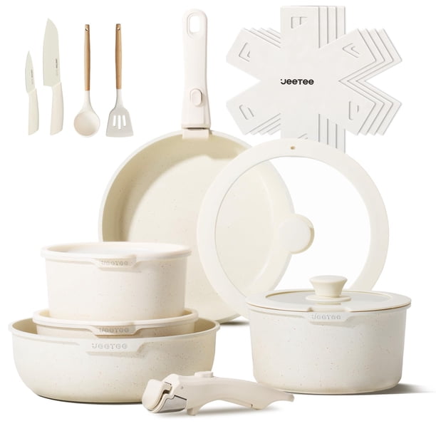 Juego de ollas y sartenes antiadherentes JEETEE de 19 piezas, con mango desmontable, para inducción, apilables para autocaravanas, aptos para horno, sin PFOA, color beige