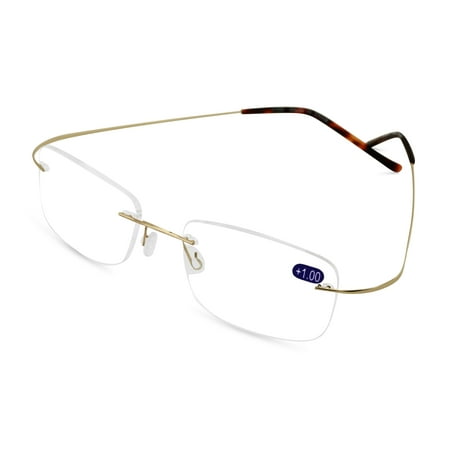 Super Lightweight Slim Rimless Wire Reader - Flexible Clear Rectangular Reading Glasses with Case