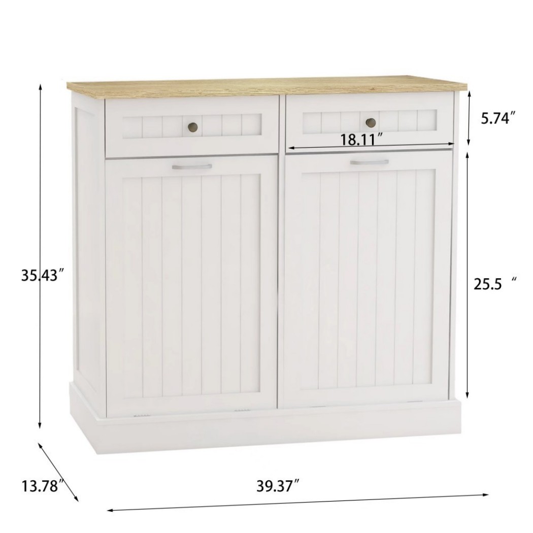 Trash Cabinet with 2 Tilt-Out Compartments and 2 Drawers, Kitchen Trash Can Cabinet with Storage, White Freestanding Garbage Cabinet