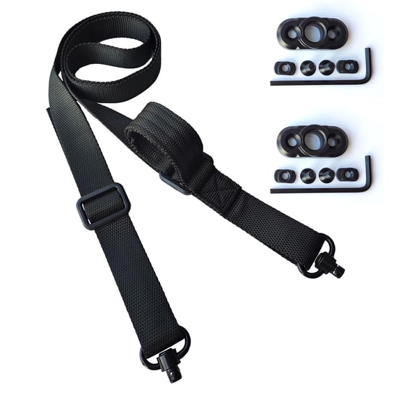 1 Pc Two Point Traditional Sling with Mounts - Adjustable Extra Long Two Point Traditional Sling with 2 Pack 1.25" QD Sling Rail Swivel Mounts for Mlock, Black