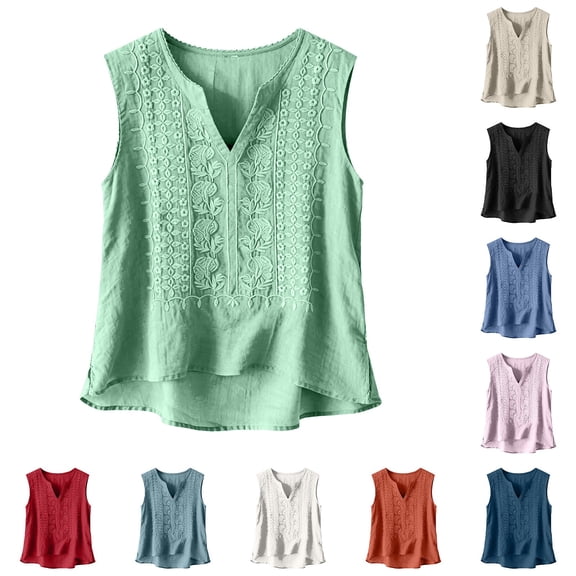 Womens Tank Tops 2026 Summer V Neck Sleeveless Cotton Linen Shirts Loose Fit Lace Boho Blouse Clothes Embroidered Eyelet Dressy Casual Blouses Beach Vacation Clothes Beige L
