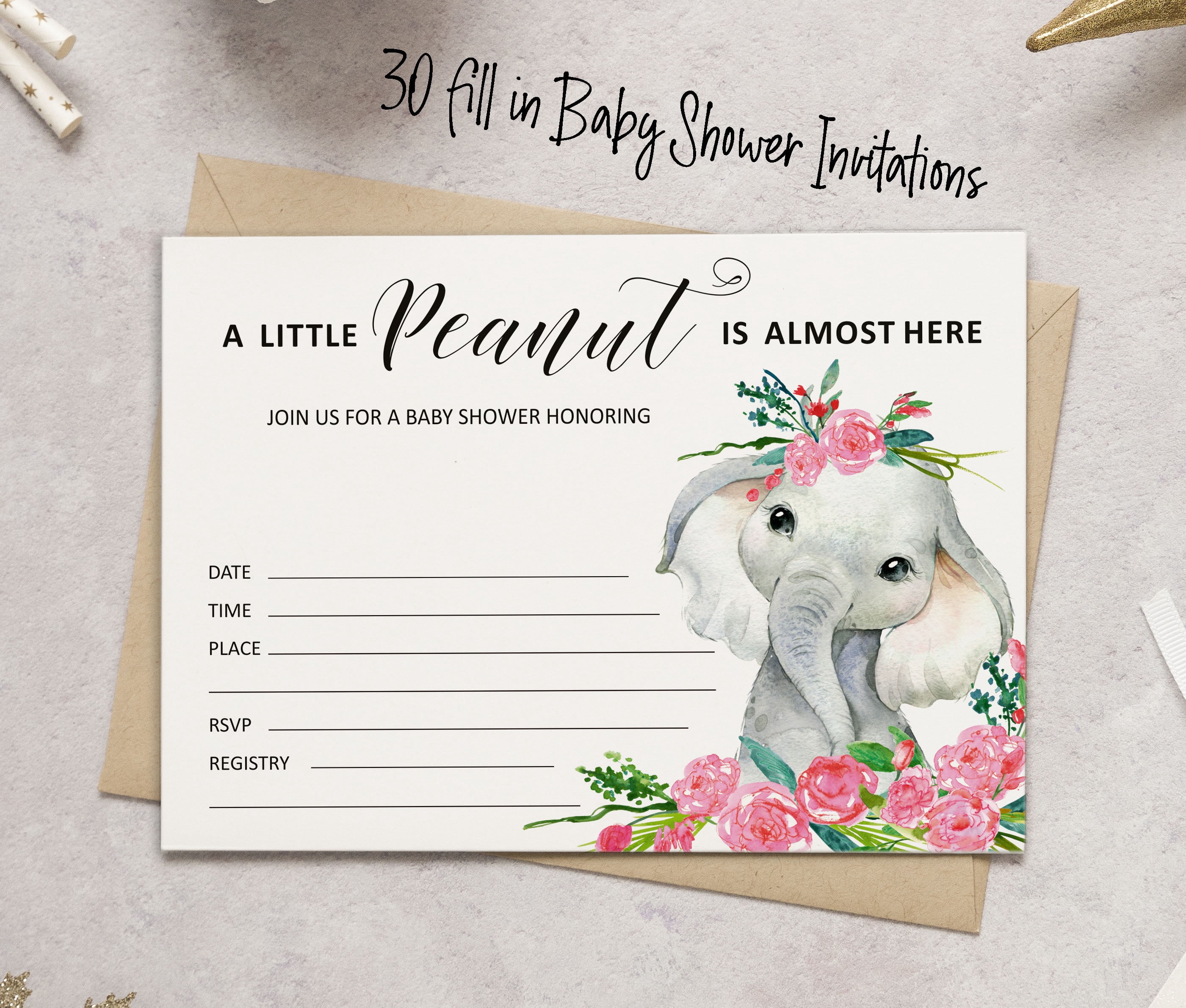 Inkdotpot Set of 30 Floral Baby Elephant Baby Shower Invitations-Diaper Raffle Tickets and Baby Shower Book Request Cards Gender Neutral Invites