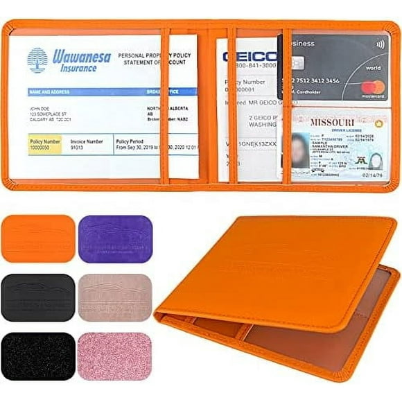 Car Registration and Insurance Holder, Leather Registration and Insurance Card Holder, Vehicle Glove Box Organizer - For Documents, Cards, License (Orange) Orange