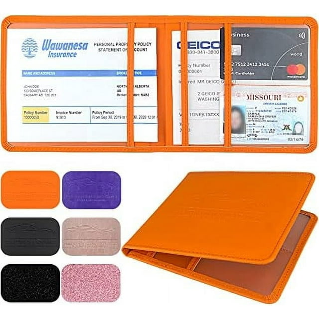 Car Registration and Insurance Holder, Leather Registration and Insurance Card Holder, Vehicle Glove Box Organizer - For Documents, Cards, License (Orange) Orange
