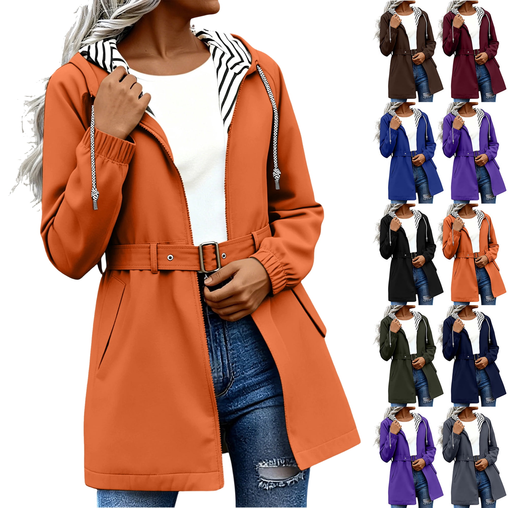 Womens Rain Jacket With Belt Outdoor Long Sleeves Solid Color Windproof Loose Hooded Pocketed for Hiking Travel