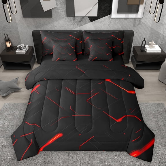 Homewishmodern Style 7-Piece Twin Bedding Sets,3D Geometric Artistic Bedding Comforter Set,Red Black Sheet Sets For Girls Boys,Microfiber Bedroom Decor Reversible