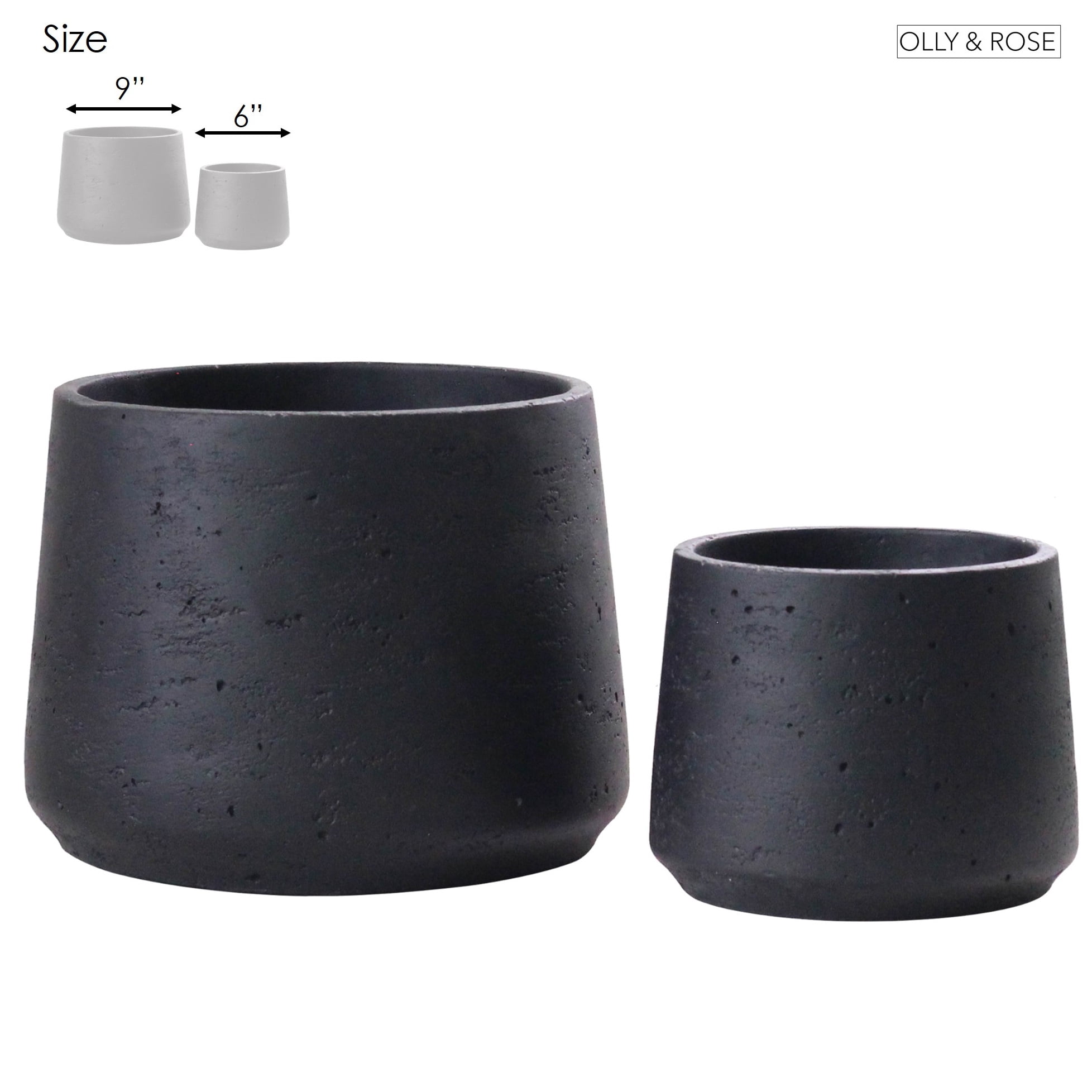 Olly & Rose Matt Black Ceramic Plant Pot Set of 2 - Indoor Outdoor Planters Textured Effect