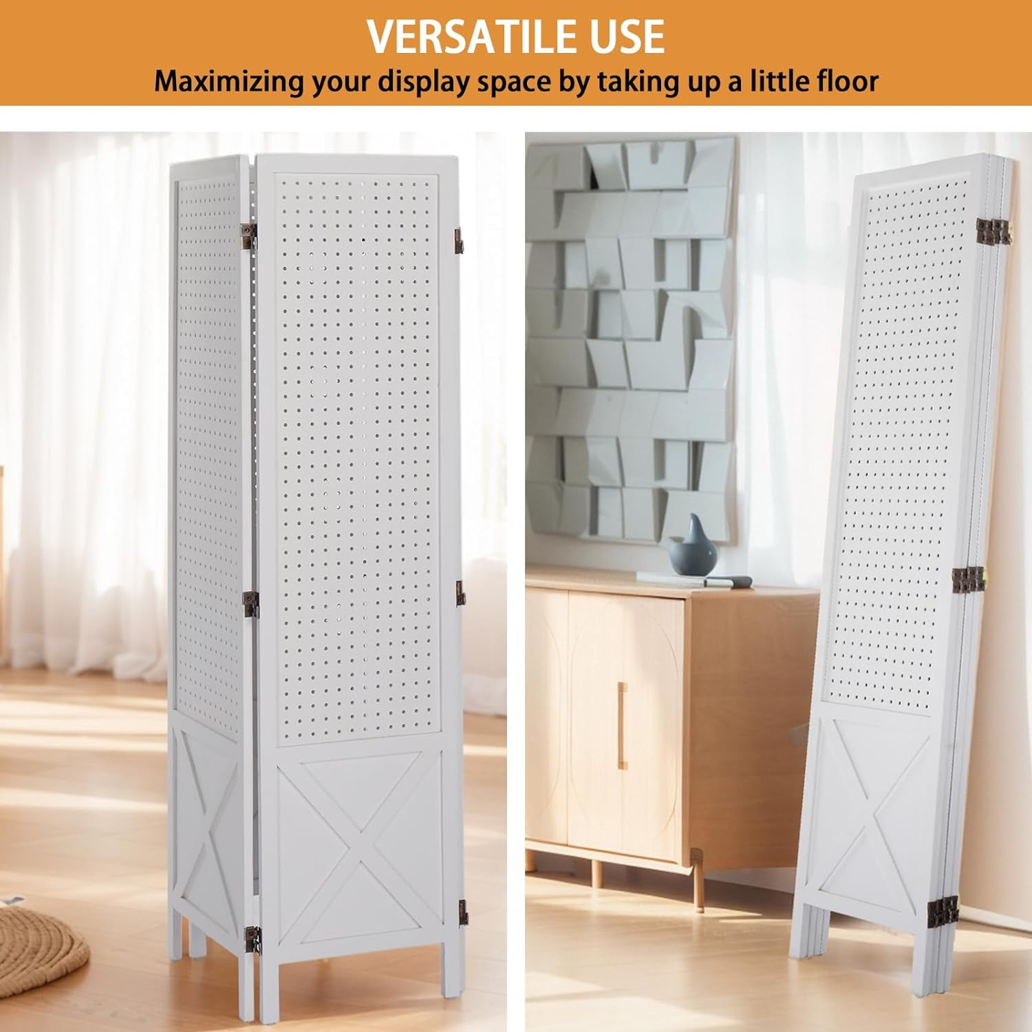 VINGLI Freestanding Pegboard with Support Feet, 5 FT Wood Room Divider Display Board Organizer, Folding Privacy Screen Partition Space Separator for Craft Shows Events Retail
