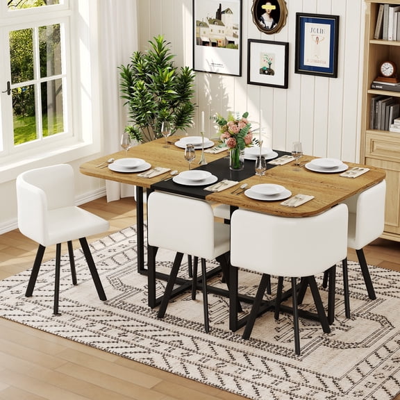 FFZ 7-Piece Dining Set for 6 with 6 White Faux Leather Chairs, Black & Wood Grain Table, Modern, Black