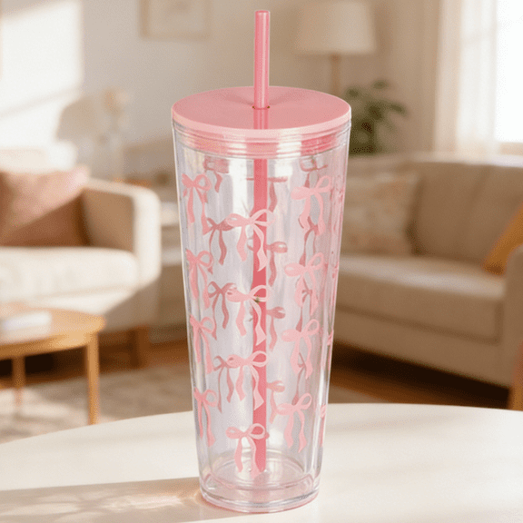 Reusable BPA-Free Clear Tumbler with Pink Bow Pattern: Lid & Straw Included, Iced Coffee Cup for On-the-Go, Home & Office