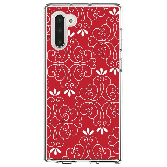 DistinctInk Clear Shockproof Hybrid Case for Samsung Galaxy Note 10 (6.3" Screen) - TPU Bumper, Acrylic Back, Tempered Glass Screen Protector - Dark Red White Floral