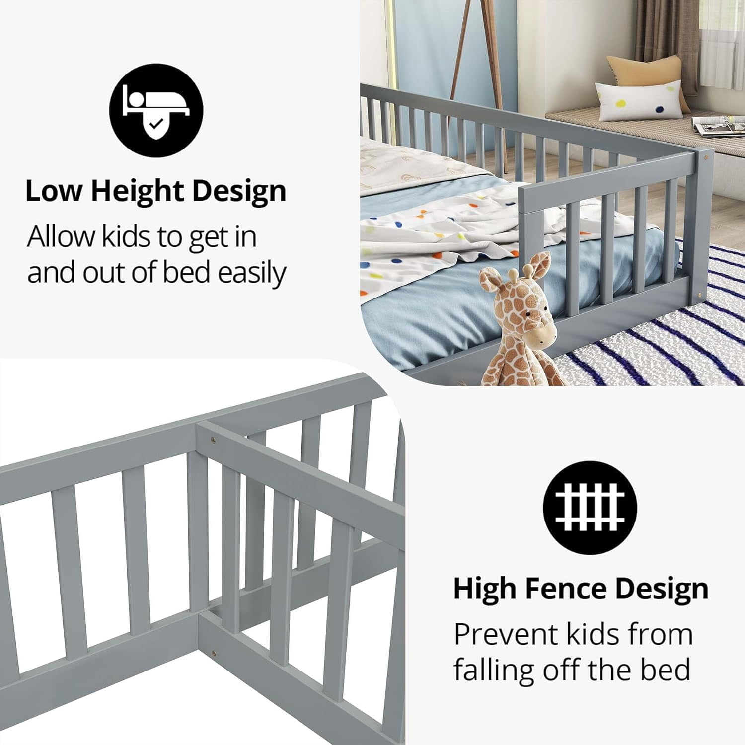 Kumix Double Floor Bed with Fence Guardrails, Wood Double Twin Floor Beds for Boys and Girls, Twins, Floor Bed for 1-3, Two Shared Beds, Adults Floor Bed, Easy Assembly, Gray