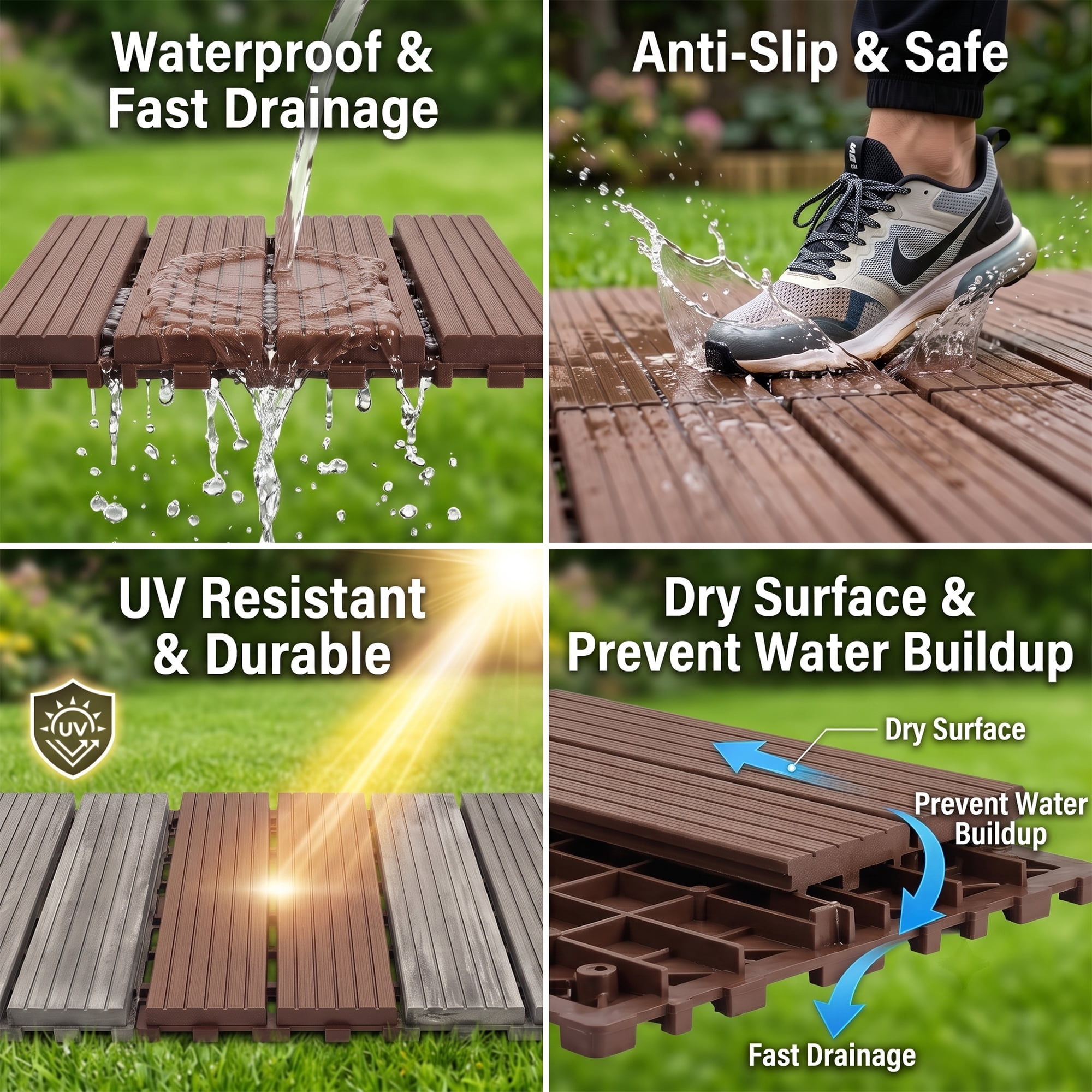 Interlocking Deck Tiles 12x12 in, Waterproof Non-Slip Outdoor Patio Flooring with Drainage Design, Snap Together Tiles for Poolside Porch Garden Backyard, Brown, 44pcs