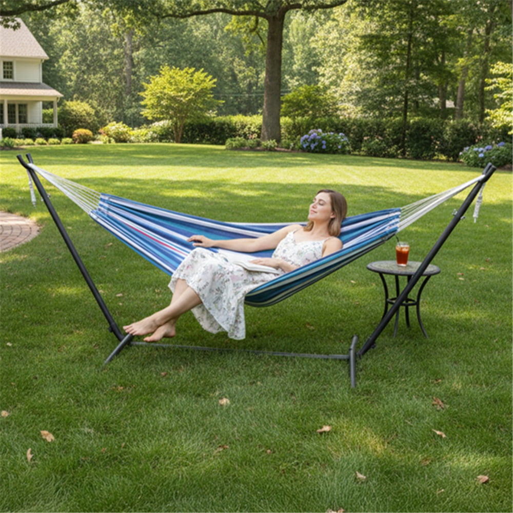 Double Hammock with Stand, Heavy Duty 2-Person Hammock for Outdoors & Indoors, Includes Portable Carrying Bag, Blue & Purple