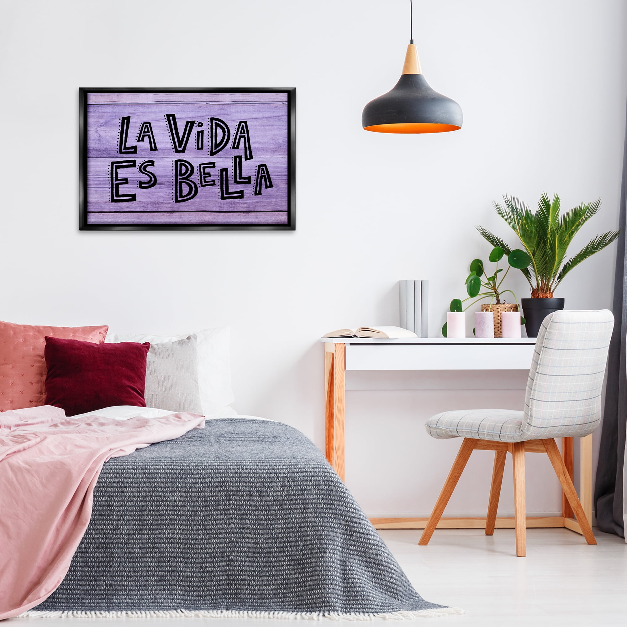 Stupell Industries La Vida es Bella Púrpura Inspirational Quotes & Sayings Painting Black Floater Framed Art Print Wall Art, 31 x 21