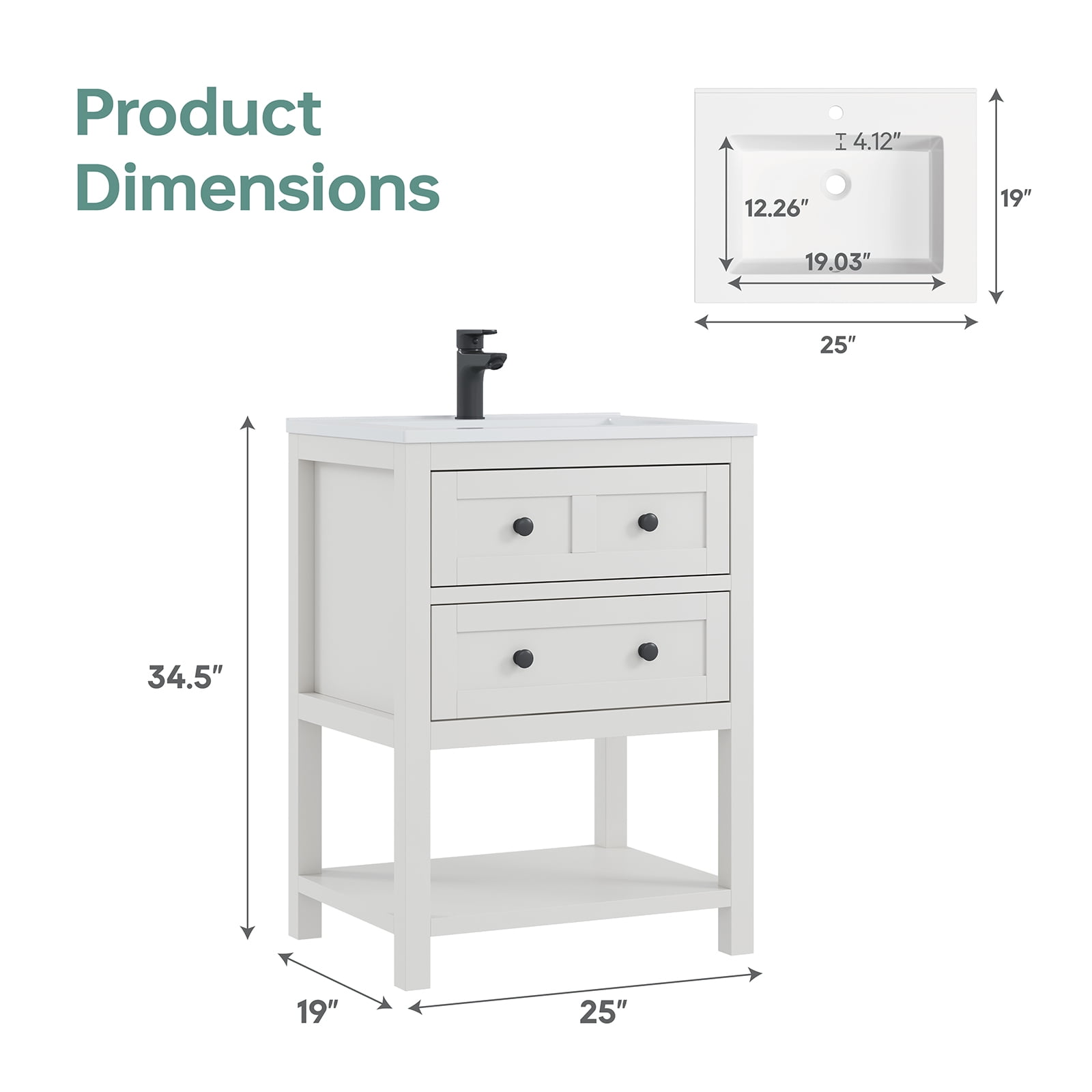 DELUXE LIVING 24" Bathroom Vanities with Sink Top, Adjustable Feet & Soft Closing Drawers, White