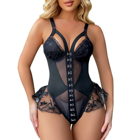 Fesfesfes Women Lingerie Cute Girl Jumpsuit Solid Erotic Embroidered Lace Lingerie Ladies Sexy One-piece Bodysuit Sale on Clearance