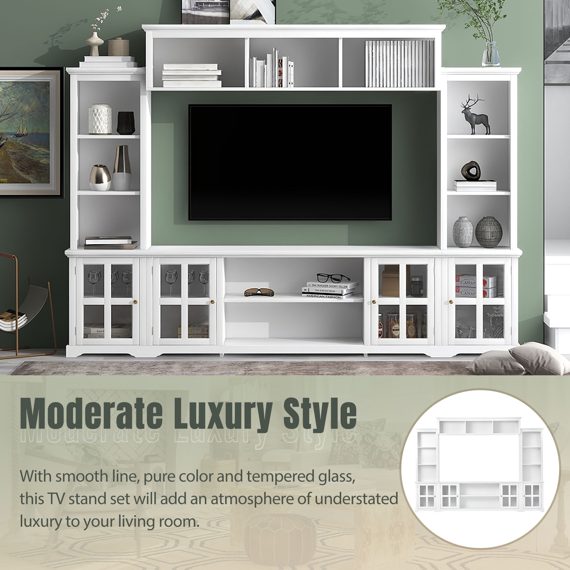 MAYEERTY 104*79"Large Wall Unit 3in1 TV Cabinet: Bookshelves, Cabinets, Open Shelves, Supports TVs Up to 66", White
