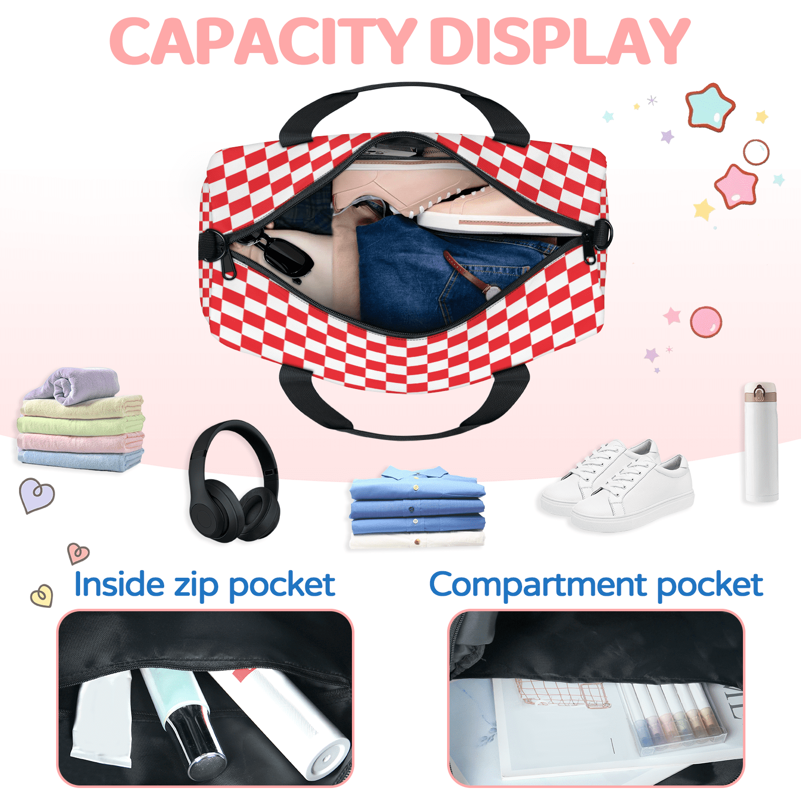 Herdesigns Checkerboard red and white Travel Duffle Bag Sports Yoga Weekender Overnight Carry on Workout Bags Lightweight Waterproof Gym Tote Bag for Women