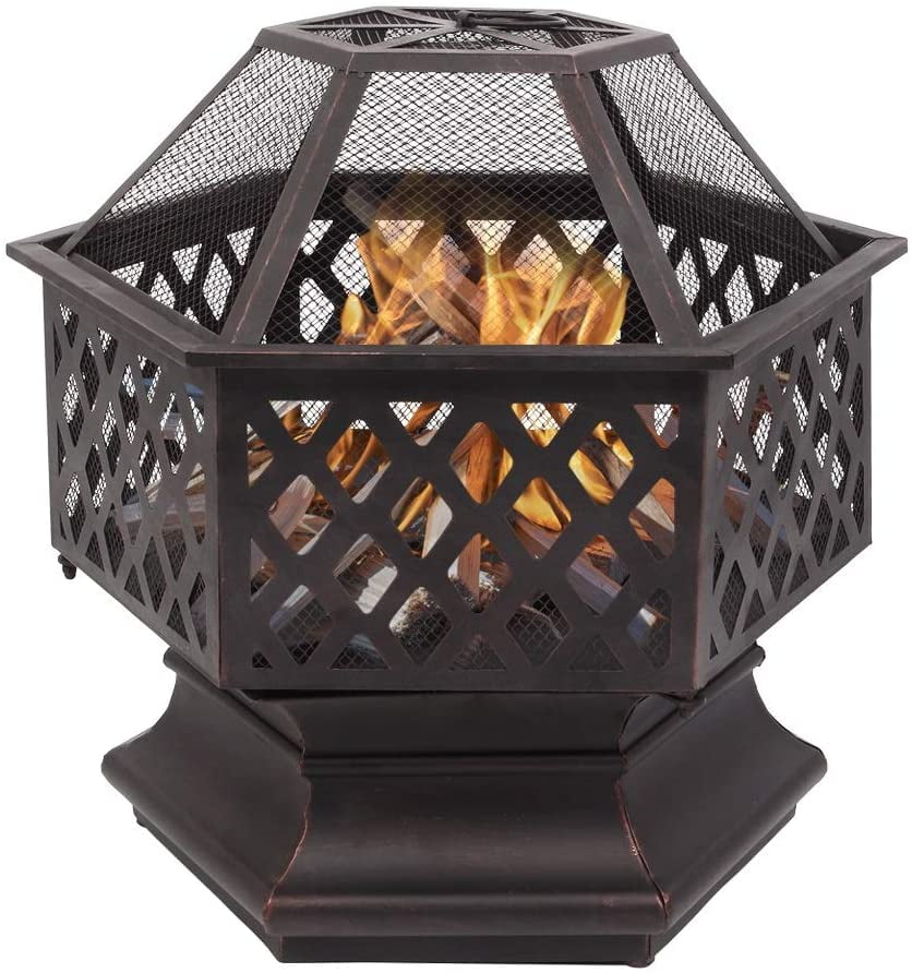 24.6in Outdoor Fire Pit, Hex-Shaped Fire Heating Pits, Wood Burning Firebowl w/Spark Screen, Metal Patio Fire Heater, Portable Fire BBQ Grill for Picnic/Backyard/Camping/Bonfire, Bronze, A1567