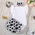 thumbnail image 5 of KYAIGUO 3PCS Baby Infant Girls Jumpsuit Crewneck Cow Print Romper Summer Ruffle Sleeveless Playsuit Shorts Set with Hairband for 3M-24M, 5 of 9