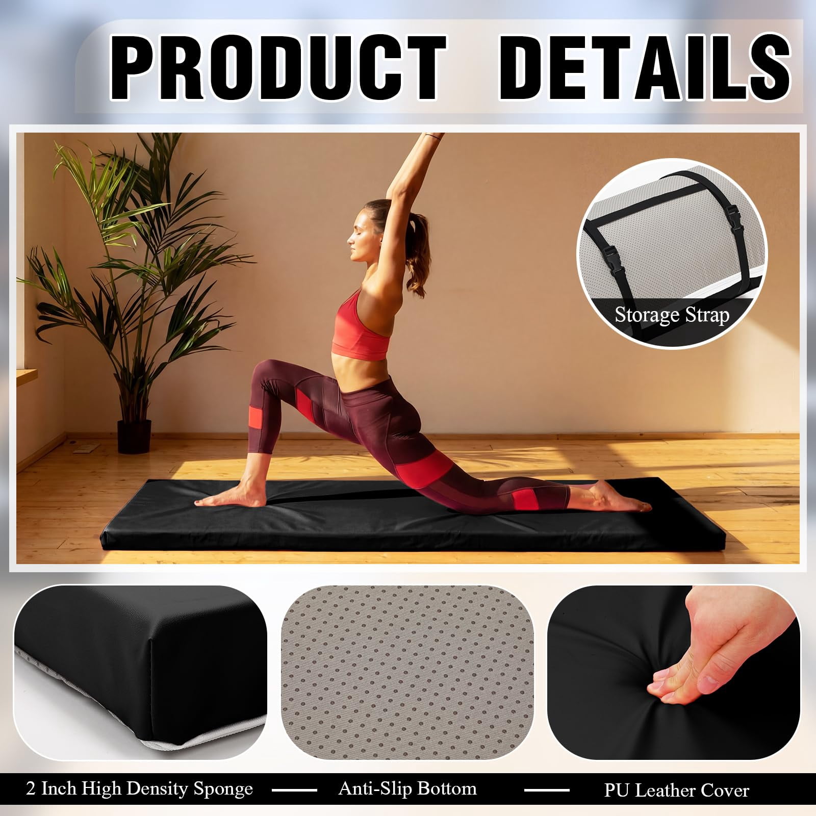 2 Inch Thick Foldable Yoga Mat Black 72"x24" For Pilates Stretching Gym Workouts
