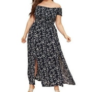 HIMONE Summer Beach Dress for Women Elegant Cocktail Maxi Dress Floral Boho Long Dress Plus Size Side Split Off Shoulder Sundress