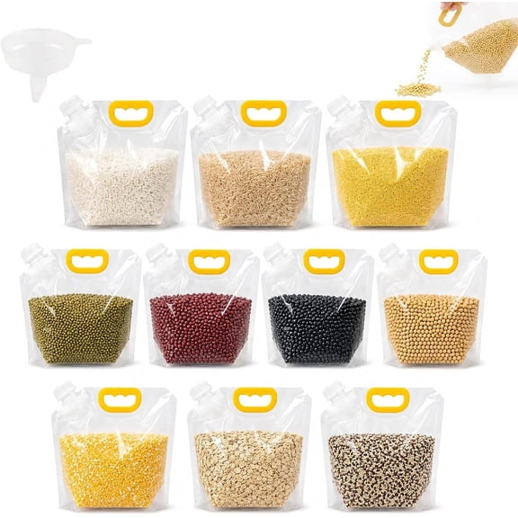5L 10 Pack Airtight Grain Storage Bags with Handle, Reusable Stand Up Cereal Storage Bag with Screw Cap, Moisture Proof Kitchen Organizer for Rice Flour Beans Dry Goods