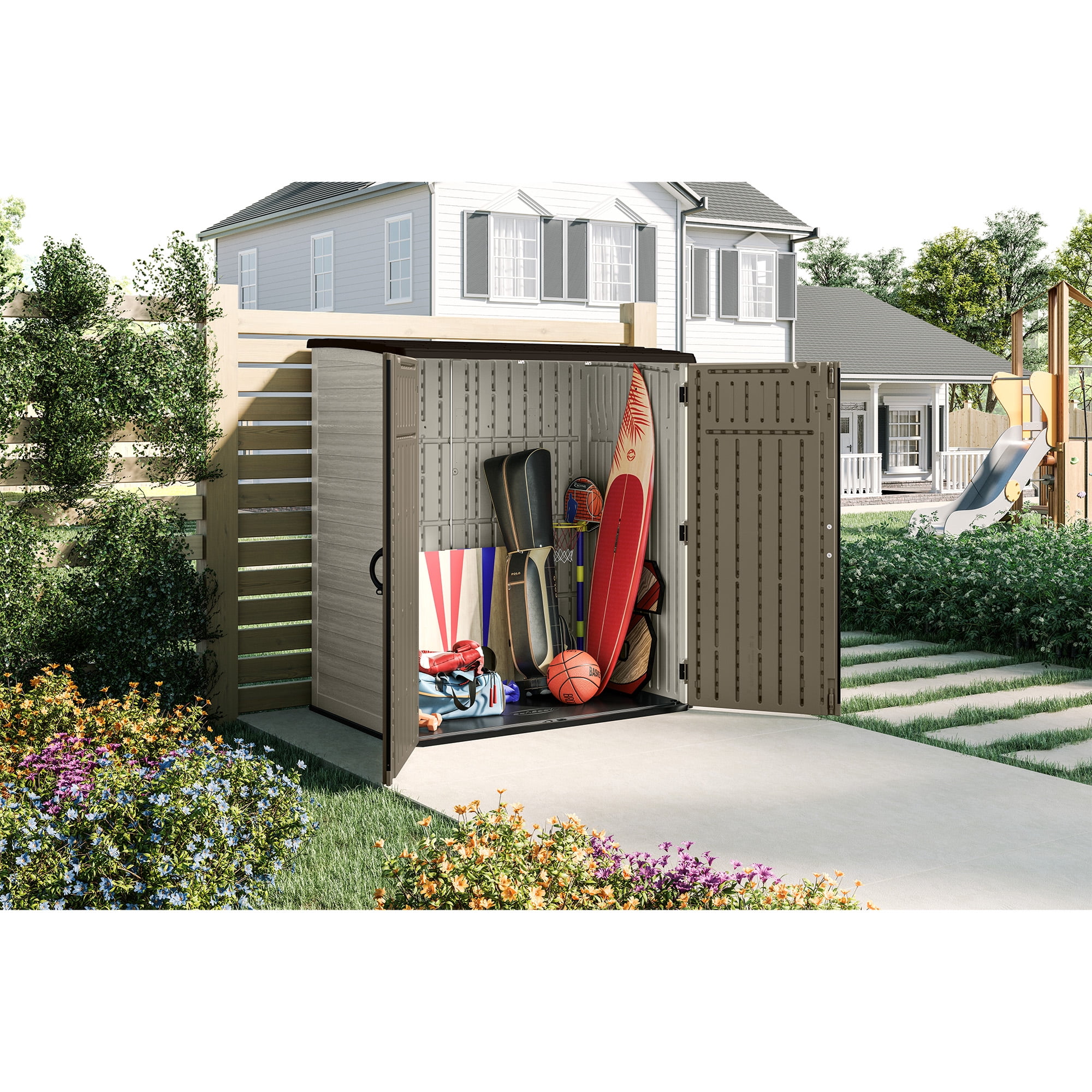 Suncast Extra-Large Vertical Storage Shed, All-Weather Outdoor Backyard Unit, Sand