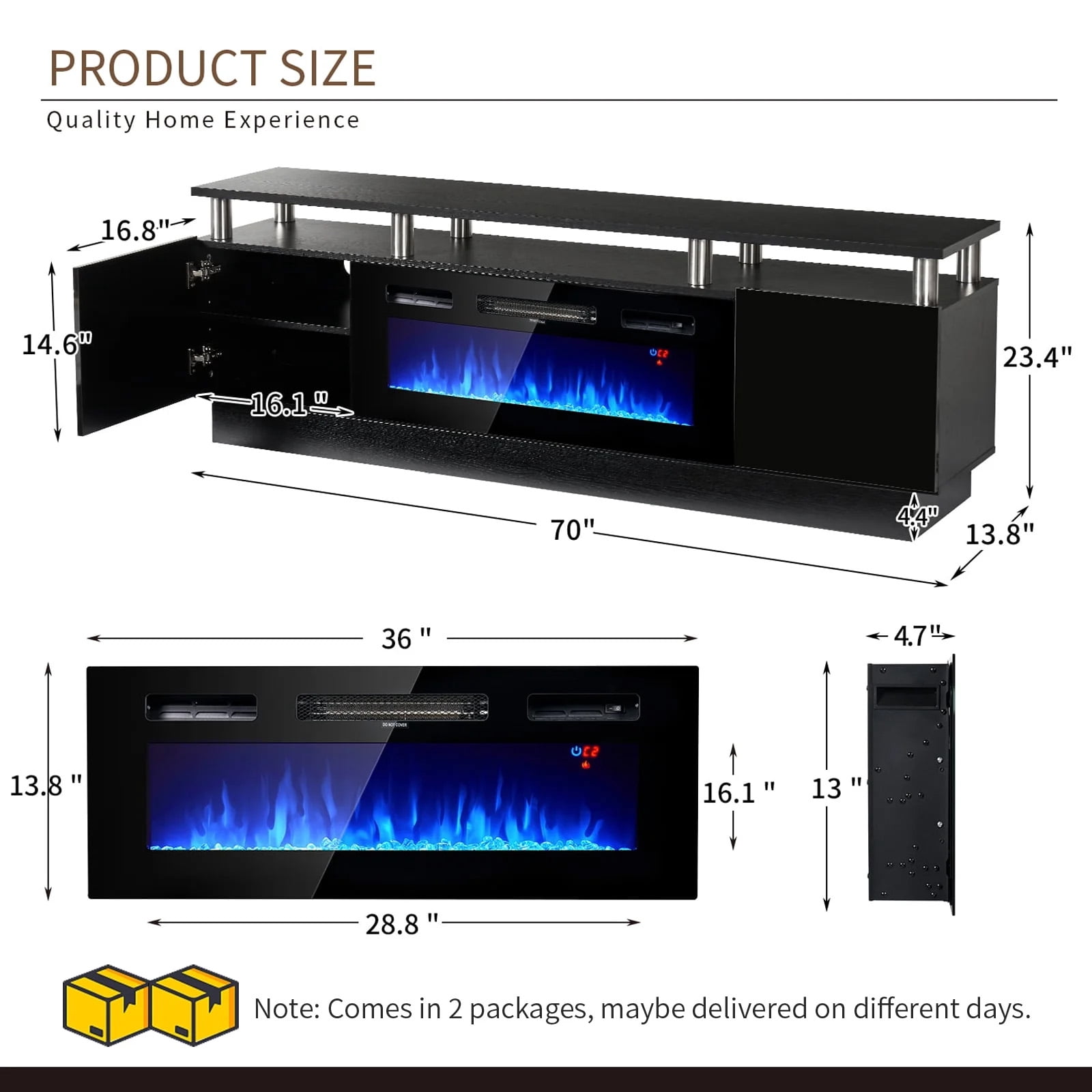 Easoger Fireplace TV Stand, Entertainment Center for TVs up to 80", 70” TV Stand with 36'' Electric Fireplace, LED Lights Entertainment Center, TV Console, Black