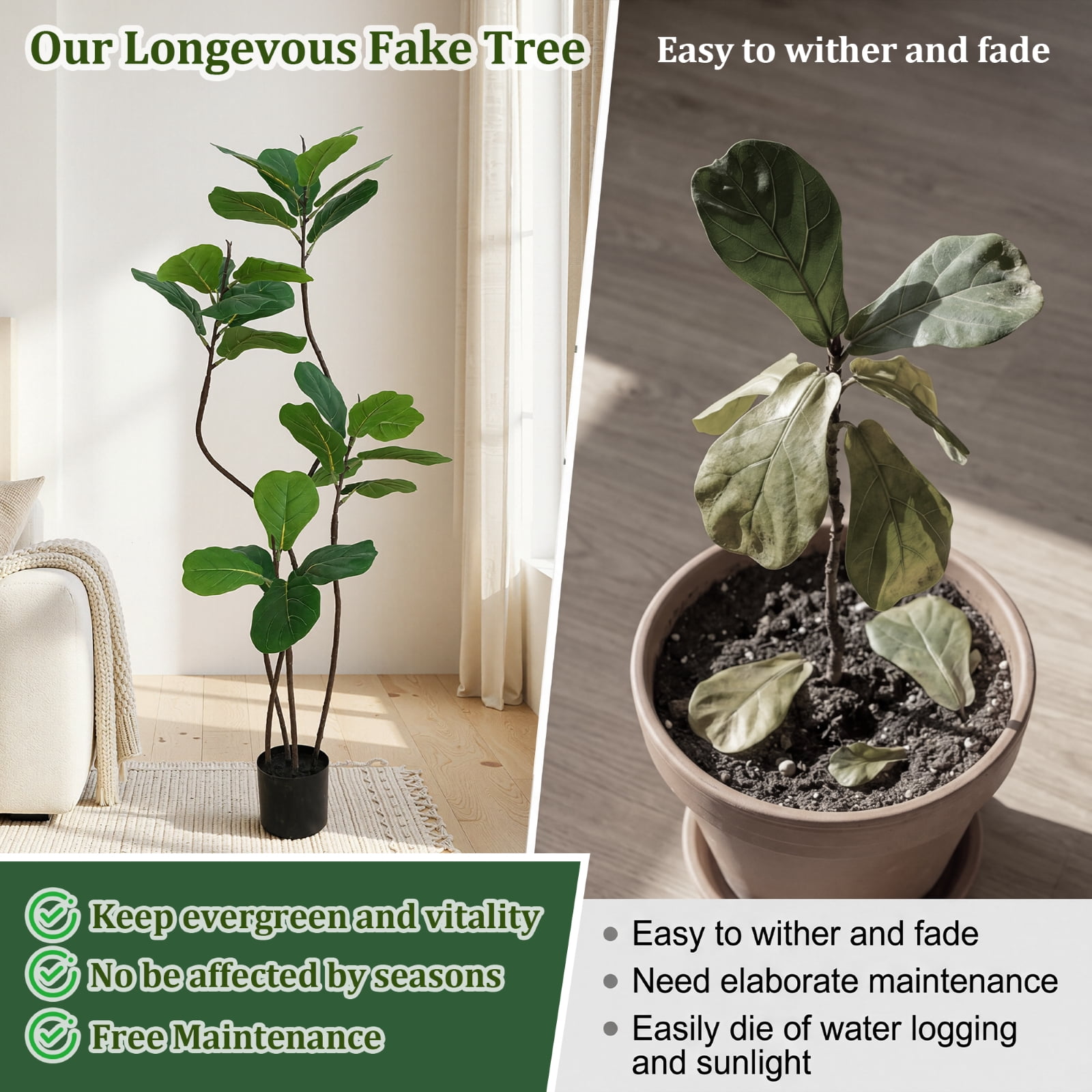 BEAUTYPEAK 6FT Artificial Fiddle Leaf Fig Tree Faux Ficus Tree Fake Green House Plants Indoor Outdoor Floor Plant