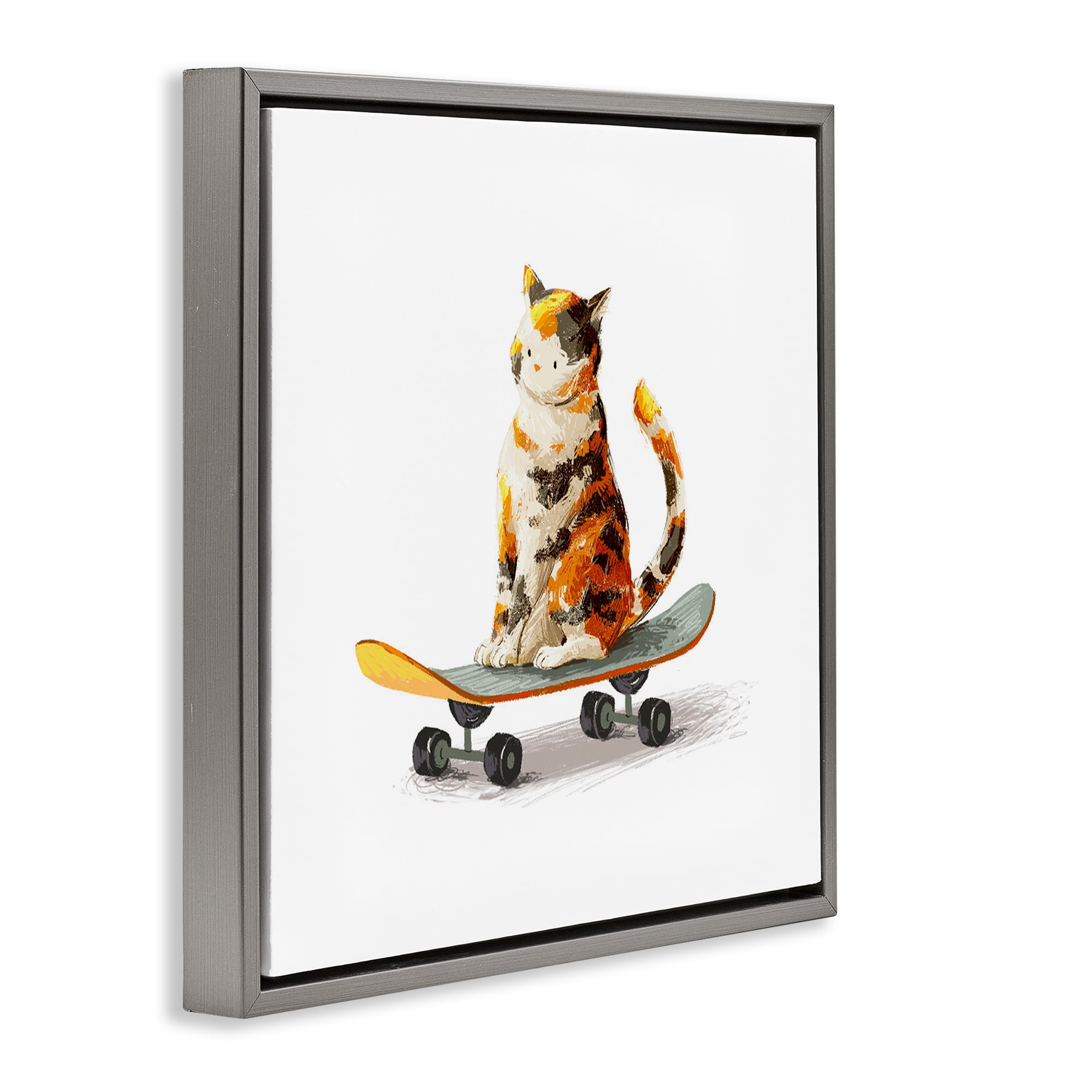 Stupell Industries Calico Cat on Skateboard Gray Framed Floater Canvas Wall Art, design by Ziwei Li
