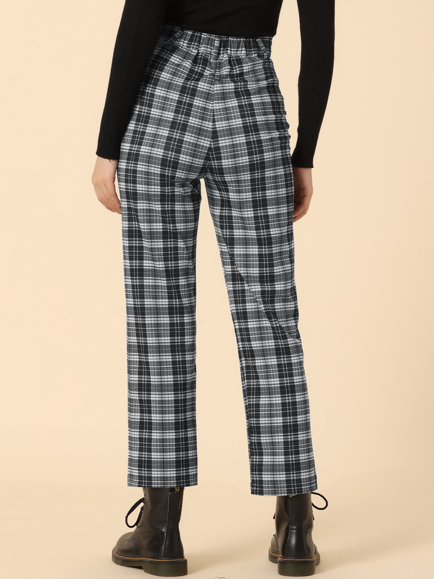 DARING DIVA Women's Plaid Trousers Button Tartan Check Work Pants L Black White