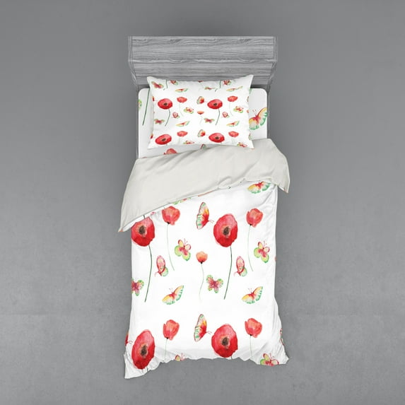 Ambesonne Vintage Bedding Set 3 Pcs, Poppy Butterfly Romance, Twin, Coconut and Red