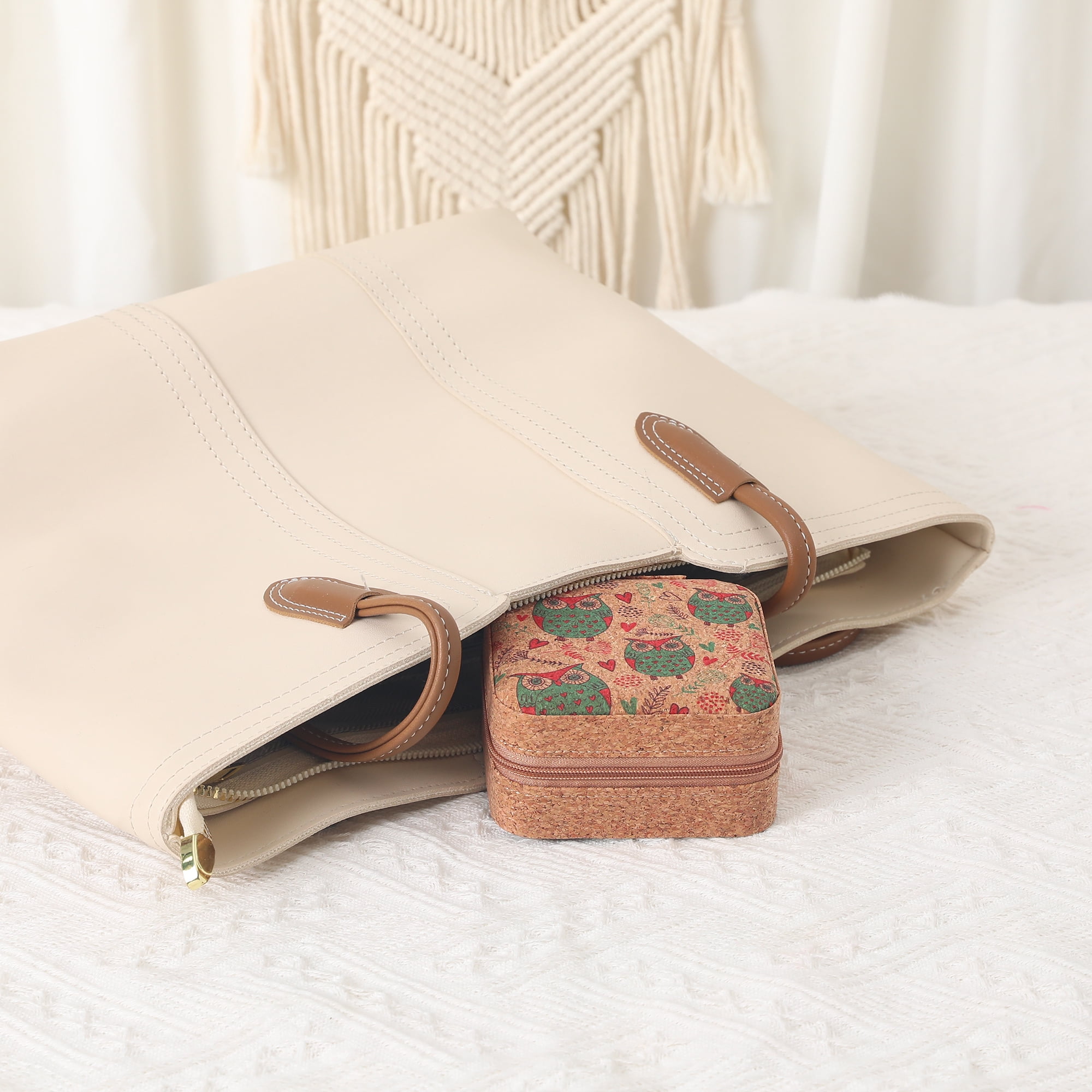 Unique Bargains Vintage Mini PU Leather Jewelry Box with Zipper Brown Owl Pattern