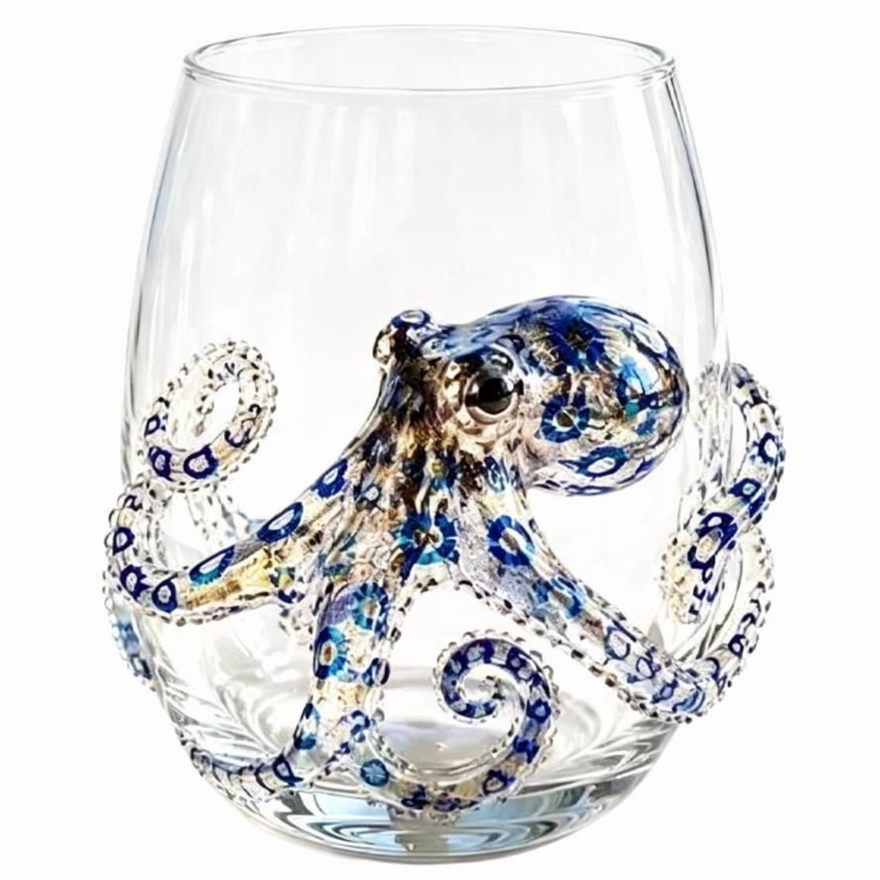 Artisanal Blue Ringed Octopus Glassware, 3D Ocean Octopus Drinking Glass with Sculpted Tentacles, Handcrafted Borosilicate Tumbler for Cocktails and Beverages
