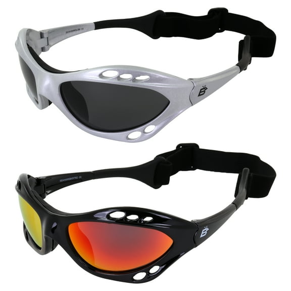 Birdz Eyewear Seahawk Padded Polarized Sunglasses 2 Pairs w/Strap Water Sports Surfing Kayaking Jetski Silver w/Smoke Lens Black w/Red Mirror Lens